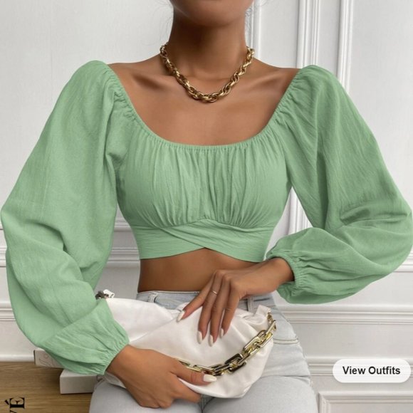 SHEIN Frenchy Ruched Knot Back Crop Blouse in Mint - Picture 1 of 2